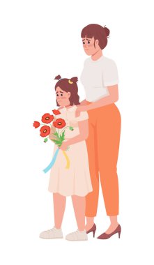 Annesi yarı düz renk vektör karakterli üzgün kız elinde buket tutuyor. Ayakta duran figürler. Beyazın üstüne tüm vücudu olan insanlar. Ukraynalılar web grafik tasarımı ve animasyonu için basit çizgi film stili çizimi