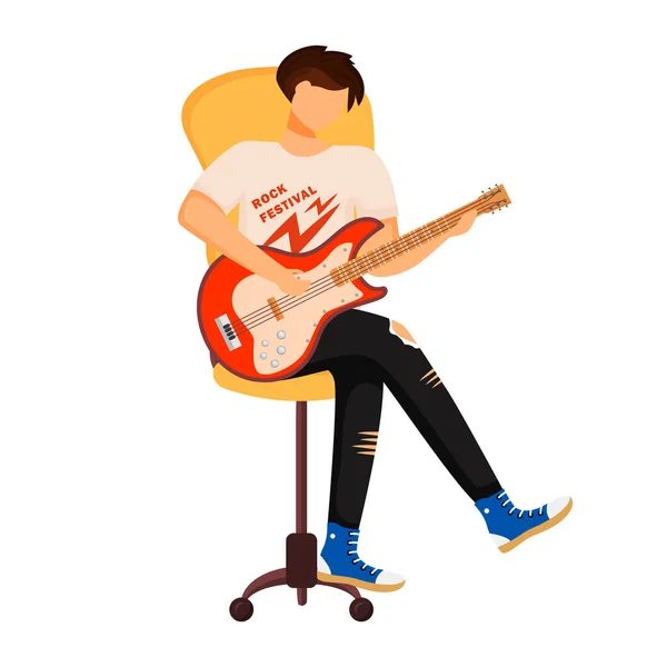 Boy Playing Electric Guitar Semi Flat Color Vector Character Posing — Stockvektor