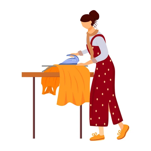 Girl Ironing Clothes Semi Flat Color Vector Character Posing Figure — Stock Vector