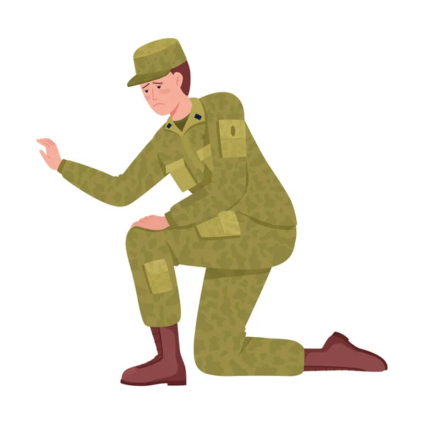 Homme Militaire Bouleversé Debout Sur Genou Semi Plat Couleur Vecteur — Image vectorielle