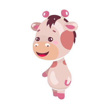 Sevimli gülümseyen zürafa yarı düz renk vektör karakteri. Poz figürü. Çocuk için tüylü bir oyuncak. Beyazın üstünde tam vücut hayvan. Web grafik tasarımı ve animasyonu için basit çizgi film stili çizimi