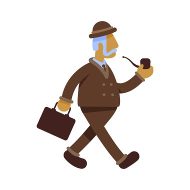 Tütün piposu yarı düz renk vektör karakterli sakallı adam. Yürüyen figür. Beyazın üzerinde tam vücut insan. Tarihi bir kişilik. Web grafik tasarımı ve animasyonu için basit çizgi film stili çizimi