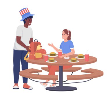 Piknikteki erkek ve kadın yarı düz renk vektör karakterler. Poz figürleri. Beyazın üstüne tüm vücudu olan insanlar. 4 Temmuz 'da web grafik tasarımı ve animasyonu için basit bir karikatür stili çizimi