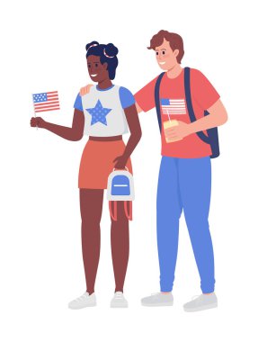 Bir çift Amerikalı vatansever yarı düz renkli vektör karakterler. Ayakta duran figürler. Beyazın üstüne tüm vücudu olan insanlar. Web grafik tasarımı ve animasyonu için Bağımsızlık Günü basit çizgi film stili çizimi