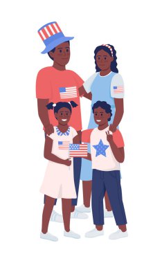 Independence Günü 'nde aile yarı düz renk vektör karakterleri. Ayakta duran figürler. Beyazın üstüne tüm vücudu olan insanlar. Amerikalılar web grafik tasarımı ve animasyonu için basit çizgi film stili çizimi