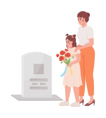 Anne ve kız yarı düz renk vektör karakterler üzerinde. Ayakta duran figürler. Beyazın üstüne tüm vücudu olan insanlar. Ukrayna 'da Anma Günü Web grafik tasarımı ve animasyonu için basit çizgi film stili çizimi