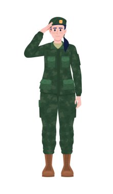 Üniformalı kadın asker yarı düz renk vektör karakterini selamlıyor. Ayakta duran figür. Beyazın üzerinde tam vücut insan. Ordu personeli web grafik tasarımı ve animasyonu için basit çizgi film stili çizimi