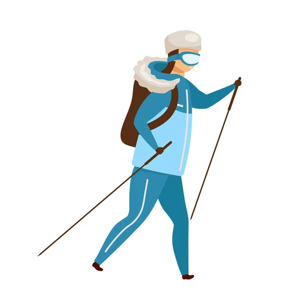 Girl Warm Clothes Trekking Poles Semi Flat Color Vector Character — Image vectorielle