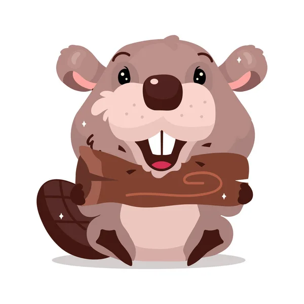 Cute Fluffy Beaver Gnawing Wood Semi Flat Color Vector Character — Image vectorielle
