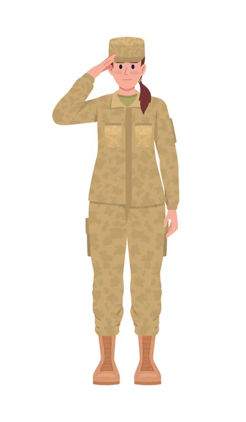 Mujer Militar Saludando Carácter Vector Color Semi Plano Una Figura — Vector de stock