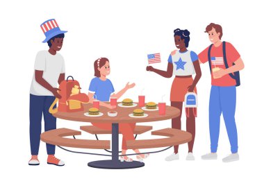 Tatil pikniğindeki arkadaşlar yarı düz renk vektör karakterleri. Poz figürleri. Beyazın üstüne tüm vücudu olan insanlar. Web grafik tasarımı ve animasyonu için 4 Temmuz basit çizgi film stili çizimi