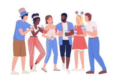 Friends group celebrating July fourth semi flat color vector characters. Standing figures. Full body people on white. Americans simple cartoon style illustration for web graphic design and animation
