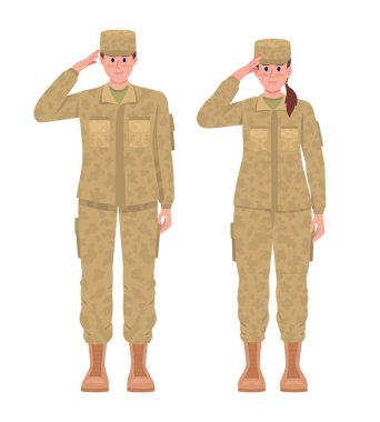 Erkek ve kadın askerler yarı düz renk vektör karakterleri selamlıyorlar. Ayakta duran figürler. Beyazın üstüne tüm vücudu olan insanlar. Askeri kariyer web grafik tasarımı ve animasyonu için basit çizgi film stili çizimi