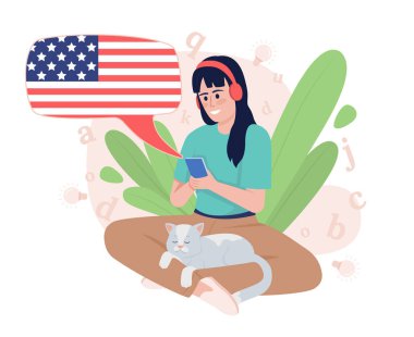 Amerikan İngilizcesi öğrenmek 2D vektör yalıtımı. Çizgi film arka planında öğrenci düz karakteri. Cep telefonu, web sitesi, sunum için sadece sesli kurs renkli sahne. Lora yazı tipi kullanıldı