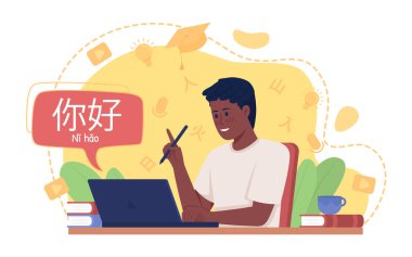 Studying chinese language in spare time 2D vector isolated illustration. Pupil flat character on cartoon background. Colourful scene for mobile, website, presentation. Patrick Hand, ?????? fonts used