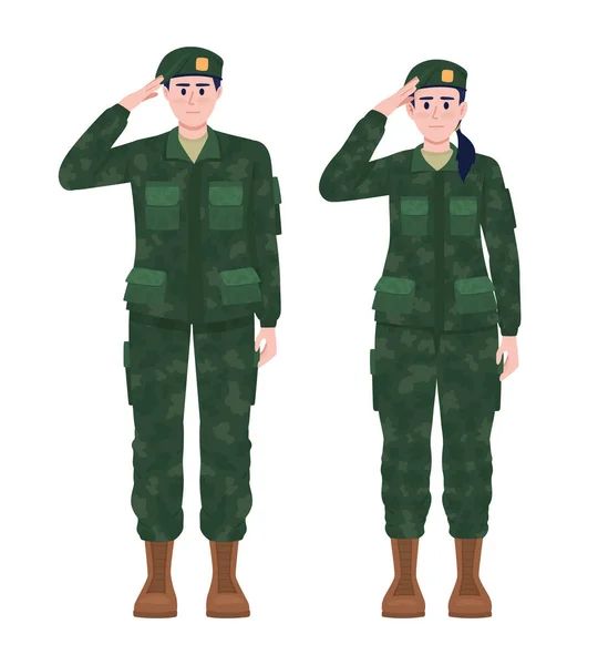 Military Man Woman Uniforms Semi Flat Color Vector Characters Standing —  Vetores de Stock