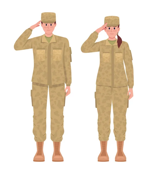 Soldados Masculinos Femeninos Saludando Caracteres Vectoriales Color Semi Plano Figuras — Vector de stock