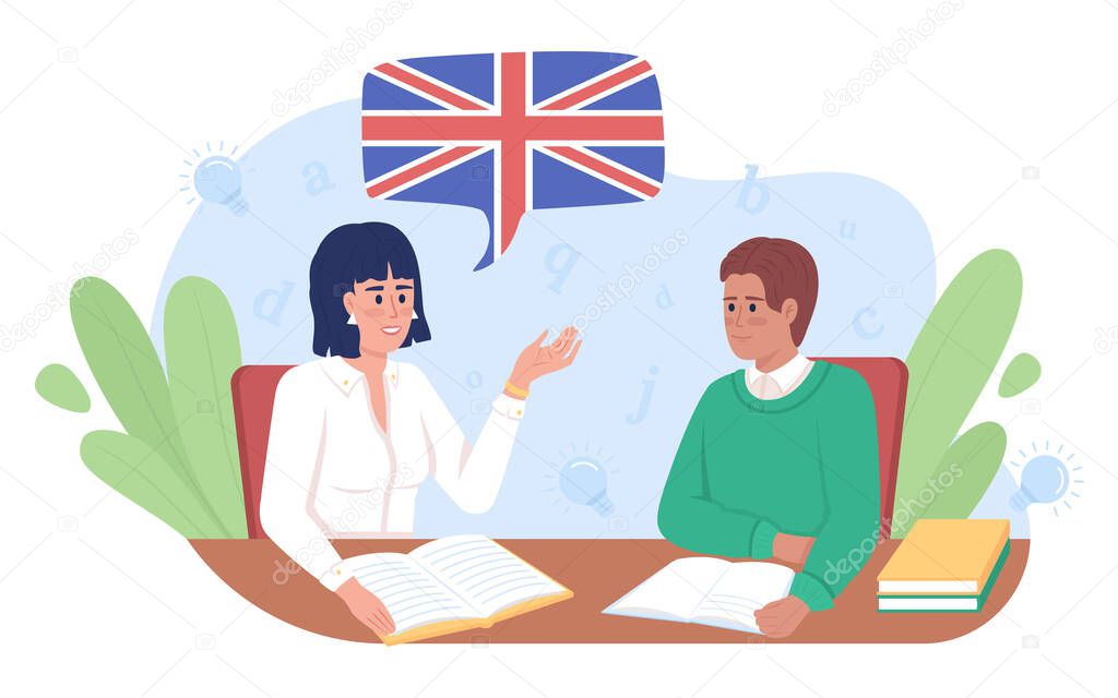 English class 2D vector isolated illustration. English teacher and student flat characters on cartoon background. Private tutoring colourful scene for mobile, website, presentation. Lora font used