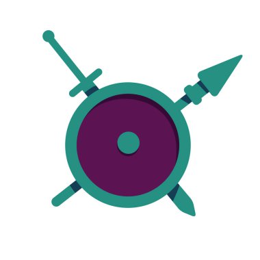 Ortaçağ kalkanı ve kılıç yarı düz renk vektör nesnesi. Tam boy beyaz. Şövalye silahları savaş alanında. Web grafik tasarımı ve animasyonu için basit çizgi film stili çizimi