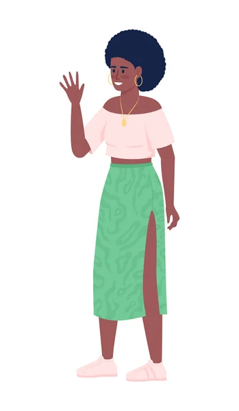 Fashionable Woman Waving Hand Semi Flat Color Vector Character Standing — Stock Vector