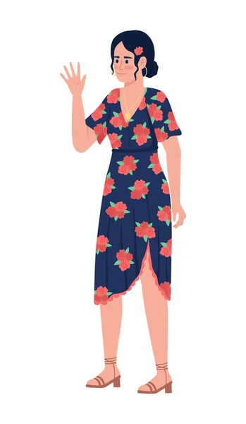 Beautiful Woman Waving Hand Semi Flat Color Vector Character Standing —  Vetores de Stock
