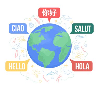 Multilingual world 2D vector isolated illustration. Hello in different languages flat object on cartoon background. Colourful scene for mobile, website, presentation. Bebas Neue, KozGoPr6N fonts used