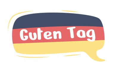 Almanca yarı düz renk vektör konuşma balonunda merhaba demek. Diyalog balonu. Web grafik tasarımı ve animasyonu için Guten Tag basit çizgi film stili çizimi. Kullanılan Nerko Bir Düzenli yazı tipi