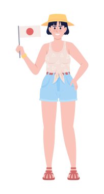 Japonya 'nın ulusal bayrağıyla gülümseyen genç kadın yarı düz renk vektör karakter. Ayakta duran figür. Beyazın üzerinde tam vücut insan. Web grafik tasarımı ve animasyonu için basit çizgi film stili çizimi