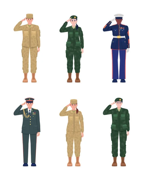 Officers Uniforms Semi Flat Color Vector Characters Set Standing Figures —  Vetores de Stock