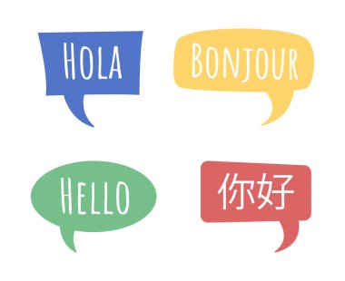 Saying hello in different languages semi flat color vector speech bubble set. Simple cartoon style illustration collection for web graphic design and animation. Amatic SC, KozGoPr6N fonts used