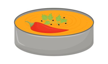 Yarı düz renk vektör elementinde köri çorbası. Beyaz üzerine tam boy nesne. Acı biber ve maydanozlu. Web grafik tasarımı ve animasyonu için basit bir karikatür biçimi çizimi