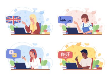 Yabancı dili akıcı bir şekilde konuşan 2D vektör izole edilmiş illüstrasyon seti. Çizgi film arkaplanındaki düz karakterler. Cep telefonu ve web sitesi için renkli sahne koleksiyonu. Patrick Hand, KozGoPr6N yazı tipleri