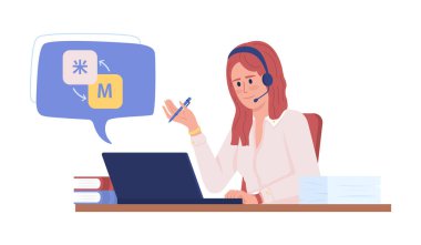 Çevrimiçi Çince çevirmen yarı düz renk vektör karakteri. Oturan bir figür. Yarı insan yarı beyaz. Web grafik tasarımı ve animasyonu için basit çizgi film stili çizimi. Kullanılan KozGoPr6N yazıtipi