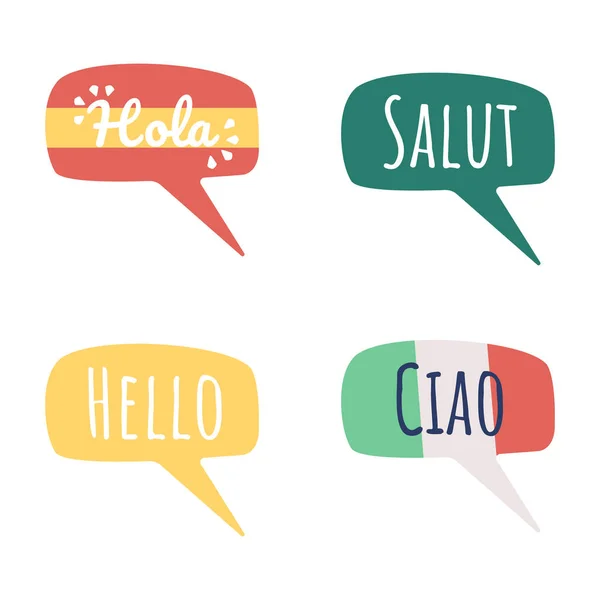 Palabras Saludo Diferentes Idiomas Semi Plana Vector Color Juego Burbujas — Vector de stock