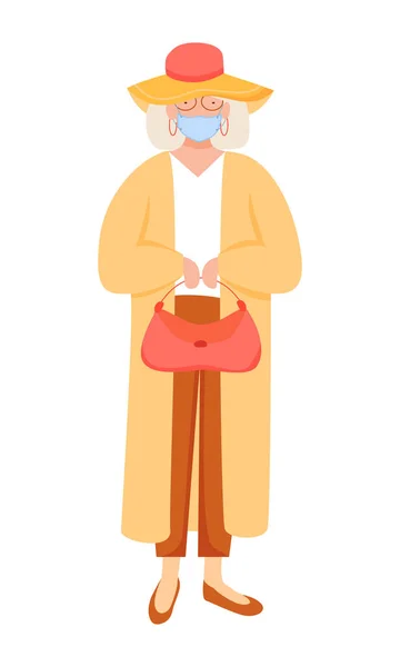 Senior Lady Face Mask Semi Flat Color Vector Character Standing — Wektor stockowy