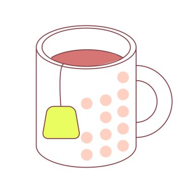 Çay poşeti, yarı düz renk vektör elementi. Beyaz üzerine tam boy nesne. Madalyalı kupa. Ilık lezzetli içecek web grafik tasarımı ve animasyonu için basit çizgi film tarzı illüstrasyon