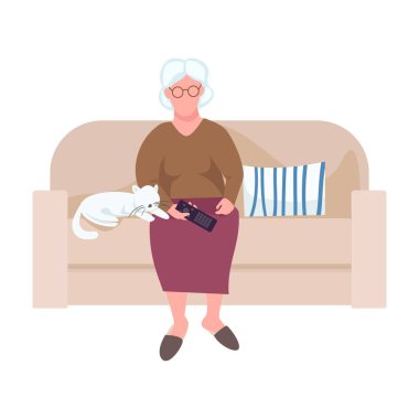 Yarı düz renk vektör karakteri izleyen yaşlı bir kadın. Oturan bir figür. Beyazın üzerinde tam vücut insan. Evcil hayvan. Web grafik tasarımı ve animasyonu için basit çizgi film stili çizimi