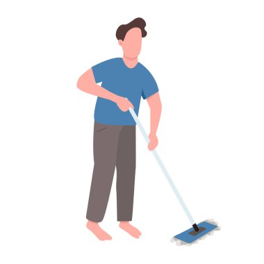 Man holding mop semi flat color vector character. Standing figure. Full body person on white. Guy cleaning floor at home simple cartoon style illustration for web graphic design and animation
