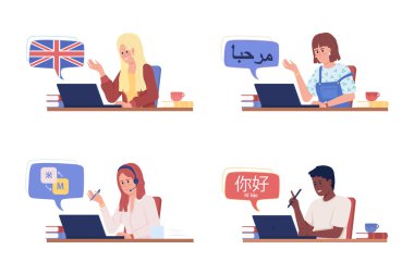 Dil yarı düz renk vektör dizisi inceleniyor. Yarı insan yarı beyaz. Web grafik tasarımı ve animasyonu için basit çizgi film tarzı illüstrasyon koleksiyonu. Patrick Hand, KozGoPr6N yazı tipleri