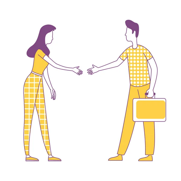 Man Woman Shaking Hands Semi Flat Color Vector Characters Posing — Stock Vector