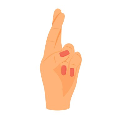 Parmaklarını yarı düz renk vektör elementinin üzerinde tut. Beyaz üzerine tam boy nesne. Batıl inanç sembolü. Sahte söz. Web grafik tasarımı ve animasyonu için basit çizgi film stili çizimleri alın