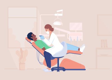 Profesyonel dişçi, müşteri dişlerini düz renk vektör çiziminde inceliyor. Klinikteki doktor ve hasta. Arka planda hastane içi olan basit çizgi film karakterleri.