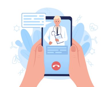 Akıllı telefon 2D vektör izole edilmiş illüstrasyon ile teletıp hizmeti. Çevrimiçi tıp dairesi. Çizgi film arkaplanındaki ilk el. Cep telefonu, web sitesi, sunum için hasta bakımı renkli sahne