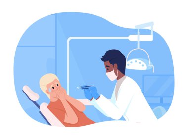 Ergen çocuk dişçiden korktu ve 2D vektör izole çizimi yaptı. Hasta ve doktor çizgi film geçmişindeki düz karakterler. Cep telefonu, web sitesi, sunum için dişçi renkli sahneyi ziyaret et