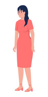 Brunette woman in dress semi flat color vector character. Standing figure. Full body person on white. Fashion simple cartoon style illustration for web graphic design and animation