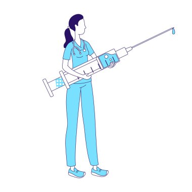 Büyük şırınga yarı düz renk vektör karakterli hemşire. Ayakta duran figür. Beyazın üzerinde tam vücut insan. Web grafik tasarımı ve animasyonu için basit bir karikatür tarzı çizimi