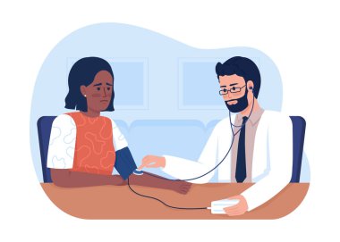Doktor, üzgün kadının baskısını ölçüyor. 2D vektör izole görüntü. Karikatür arka planında tıbbi düz karakterler. Cep telefonu, web sitesi, sunum için sağlık hizmeti renkli sahne