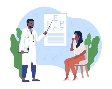 Göz muayenesi 2D vektör izole görüntü. Çizgi film arkaplanındaki oftalmolog ve hasta düz karakterler. Cep telefonu, web sitesi, sunum için görüş sınavı renkli sahne. Kullanılan konforlu yazı tipi