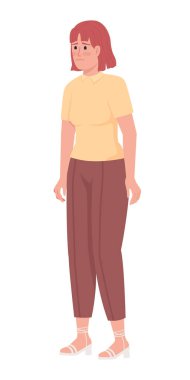 Üzgün kadın yarı düz renk vektör karakteri. Ayakta duran figür. Beyazın üzerinde tam vücut insan. Depresyonlu kişi web grafik tasarımı ve animasyonu için basit çizgi film stili çizimi