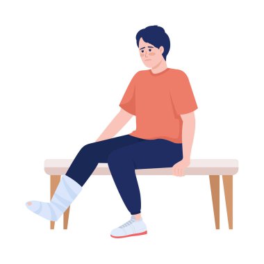 Bacak yarı düz renk vektör karakterli alçıtaşı olan hasta. Oturan bir figür. Beyazın üzerinde tam vücut insan. Web grafik tasarımı ve animasyonu için basit travmatoloji çizgi film stili çizimi